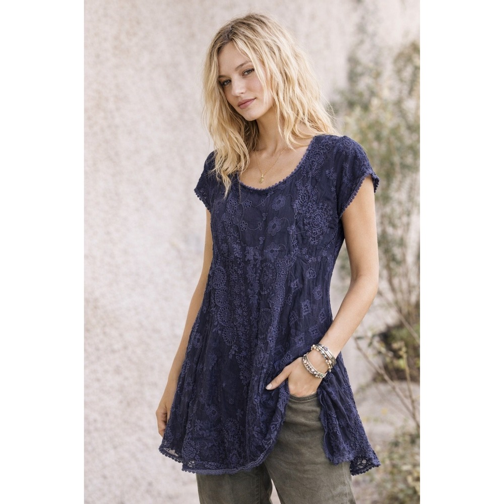 Johnny Was Navy Blue Embroidered Eyelet Cupra Rayon Scoop Neck‎ Dress Medium